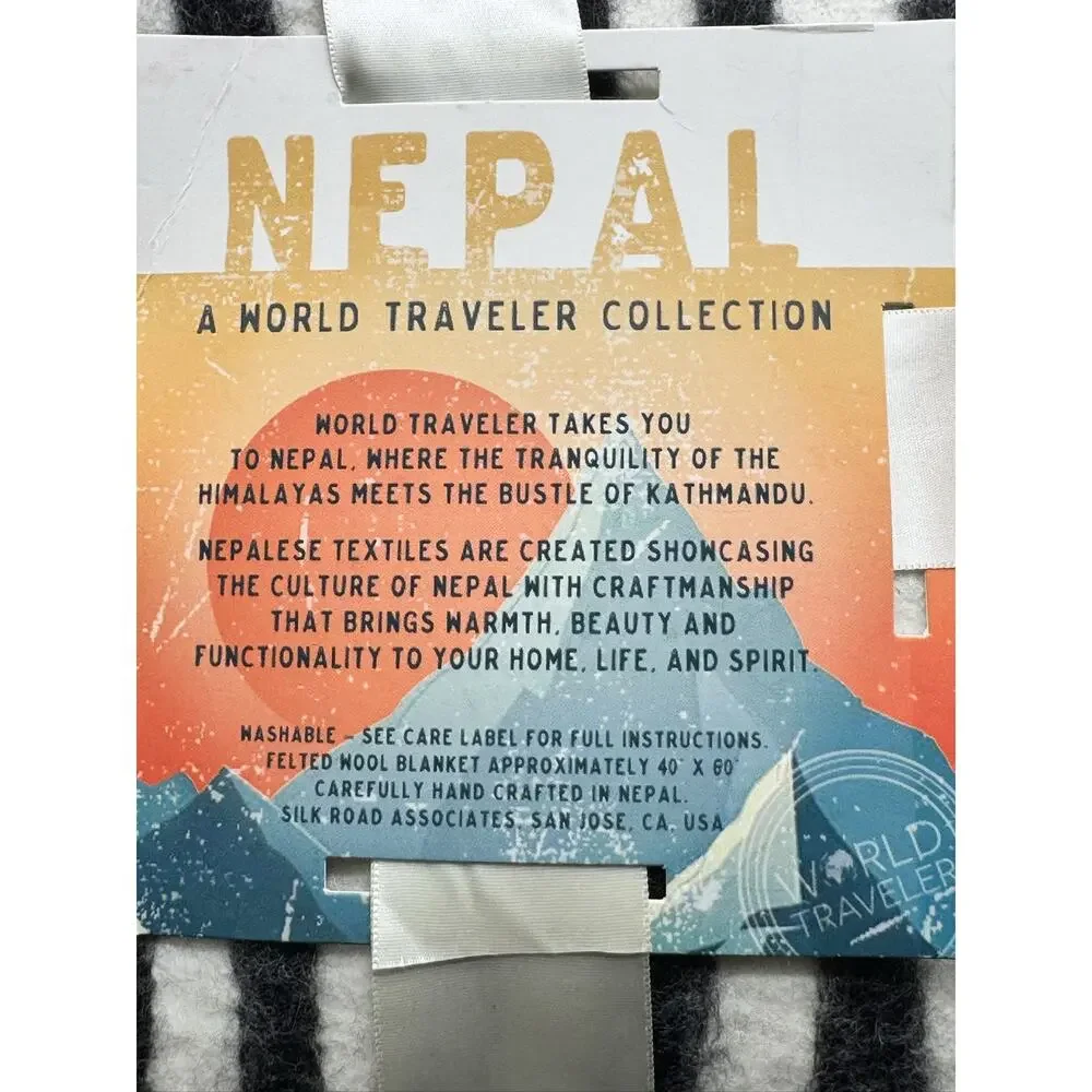 World Traveler Collection Nepal Felted Wool Blanket Black White Stripes 40x60